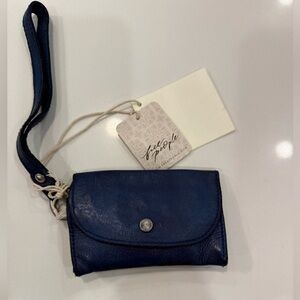 NWT Free People Leather Bag Lanyard Coin ID Wristlet Blue Boho Travel Festival